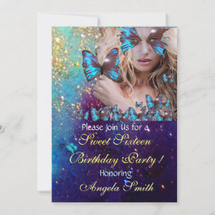 BLUE BUTTERFLY SWEET 16 PARTY MONOGRAM INVITATION