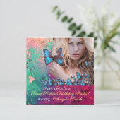 BLUE BUTTERFLY SWEET 16 PARTY  MONOGRAM INVITATION (Standing Front)