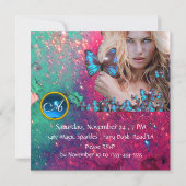 BLUE BUTTERFLY SWEET 16 PARTY  MONOGRAM INVITATION (Back)