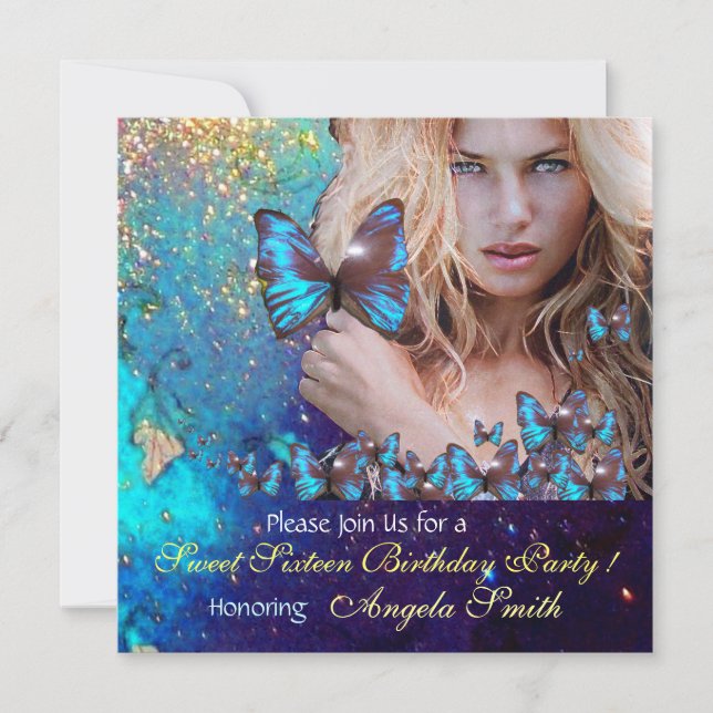 BLUE BUTTERFLY SWEET 16 PARTY  MONOGRAM INVITATION (Front)