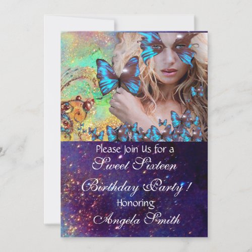 BLUE BUTTERFLY SWEET 16 PARTY  MONOGRAM INVITATION