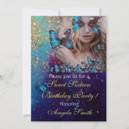 BLUE BUTTERFLY SWEET 16 PARTY MONOGRAM Silver Invitation