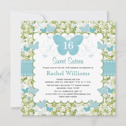 Blue Butterfly Sweet 16 Photo Invitations