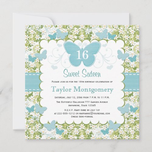 Blue Butterfly Sweet Sixteen Invitations