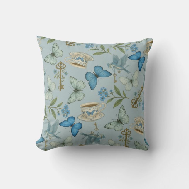 Blue Butterfly Tea Garden Pattern Throw Pillow (Front)