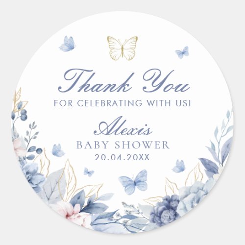 Blue Butterfly Thank You Boy Baby Shower Classic Round Sticker