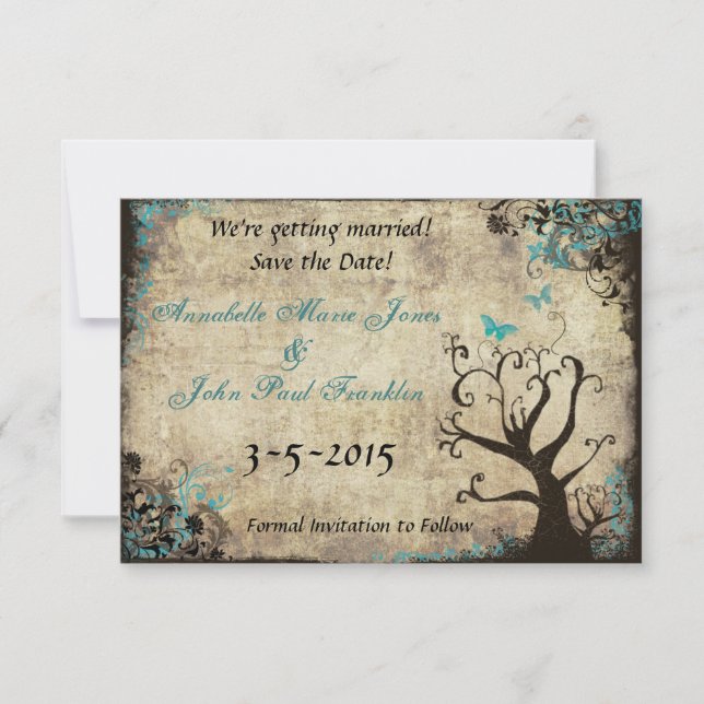 Blue Butterfly Vintage Save the Date Card (Front)
