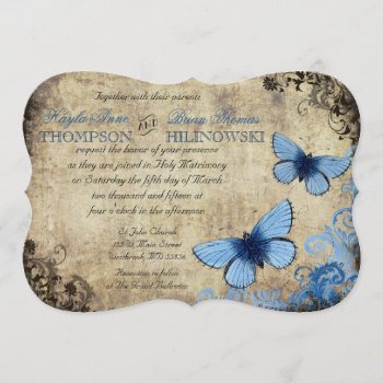 Blue Butterfly Vintage Wedding Invitation by DaisyLane at Zazzle