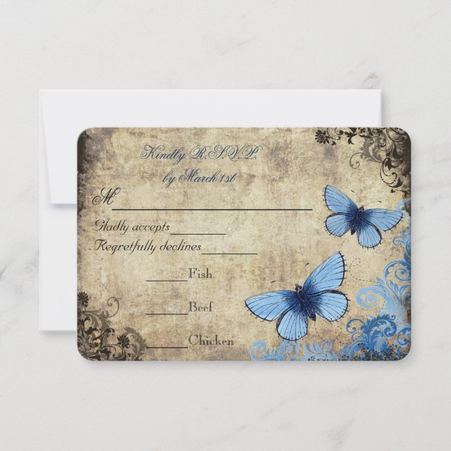 Blue Butterfly Vintage Wedding RSVP Card (Front)
