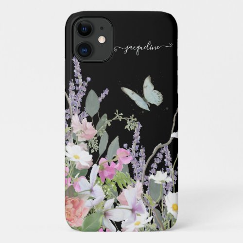 Blue Butterfly w Lavender n Daisy Floral Botanical iPhone 11 Case