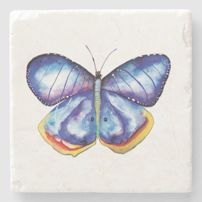 Blue butterfly Watercolor Marble Stone Coaster (Front)
