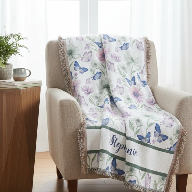 Blue Butterfly Watercolor Meadow Throw Blanket (Personalize butterfly floral throw blanket)