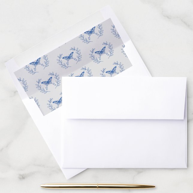 Blue Butterfly Wedding Envelope Liner (Desk)