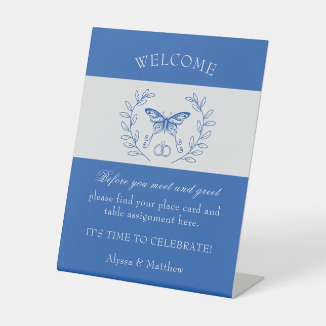 Blue Butterfly Wedding Place Card Tabletop Sign (Front)