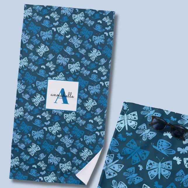 Blue Butterfly whimsical Beach Towel (Blue butterfly personalized beach towel)