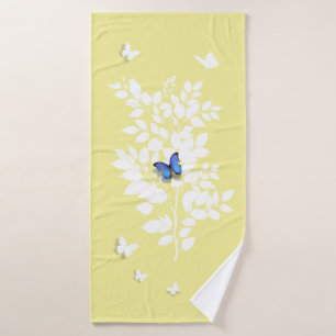 Blue Butterfly white leafy branch Bath Towel