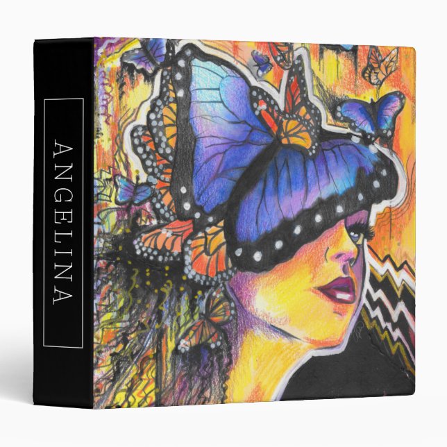 Blue Butterfly Wing Girl Abstract Pop Art 3 Ring Binder (Front/Spine)