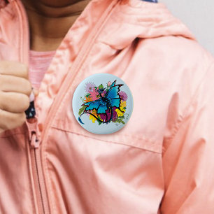  Blue Butterfly Winged Dragon Colorful Flowers Button