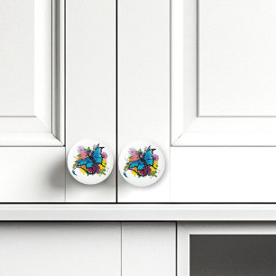  Blue Butterfly Winged Dragon Colorful Flowers Ceramic Knob