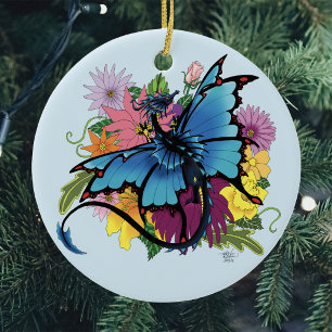 Blue Butterfly Winged Dragon Colorful Flowers Ceramic Ornament