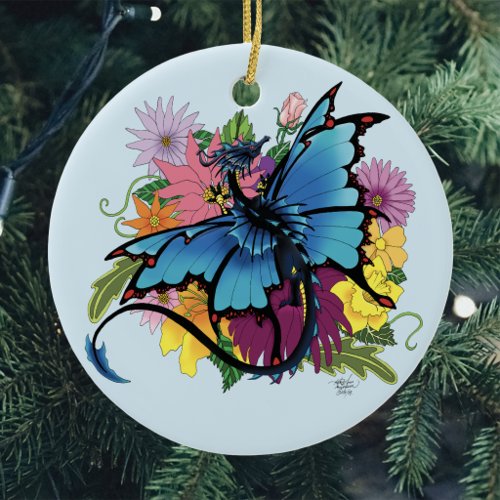 Blue Butterfly Winged Dragon Colorful Flowers Ceramic Ornament