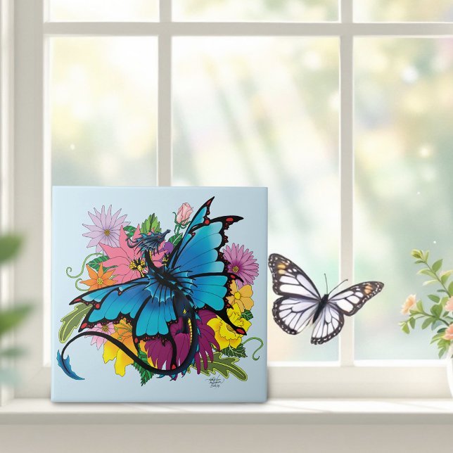 Blue Butterfly Winged Dragon Colorful Flowers Ceramic Tile (Creator Uploaded)