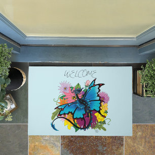 Blue Butterfly Winged Dragon Colorful Flowers Doormat