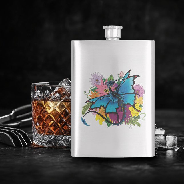  Blue Butterfly Winged Dragon Colorful Flowers Flask (Creator Uploaded)