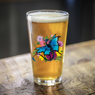 Blue Butterfly Winged Dragon Colorful Flowers Glass