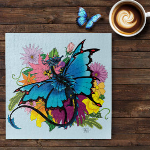  Blue Butterfly Winged Dragon Colorful Flowers Jigsaw Puzzle