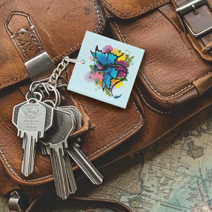 Blue Butterfly Winged Dragon Colorful Flowers Keychain