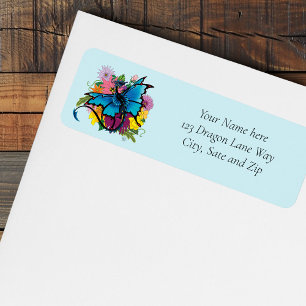 Blue Butterfly Winged Dragon Colorful Flowers Label