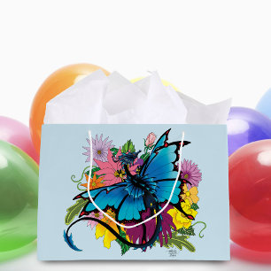  Blue Butterfly Winged Dragon Colorful Flowers Large Gift Bag