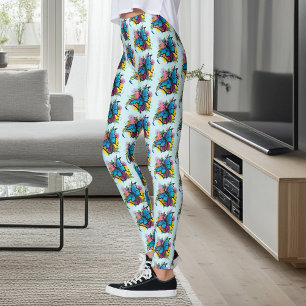 Blue Butterfly Winged Dragon Colorful Flowers Leggings