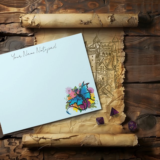 Blue Butterfly Winged Dragon Colorful Flowers Notepad (Creator Uploaded)