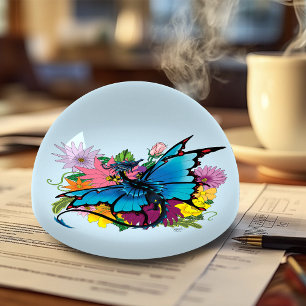  Blue Butterfly Winged Dragon Colorful Flowers Paperweight