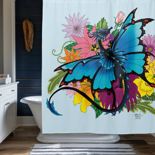  Blue Butterfly Winged Dragon Colorful Flowers Shower Curtain