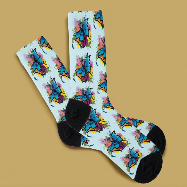  Blue Butterfly Winged Dragon Colorful Flowers Socks (Creator Uploaded)