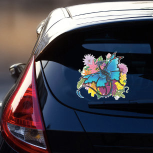 Blue Butterfly Winged Dragon Colorful Flowers Sticker
