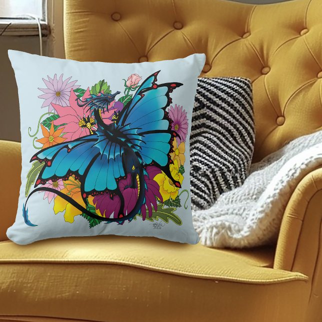  Blue Butterfly Winged Dragon Colorful Flowers Throw Pillow (Creator Uploaded)