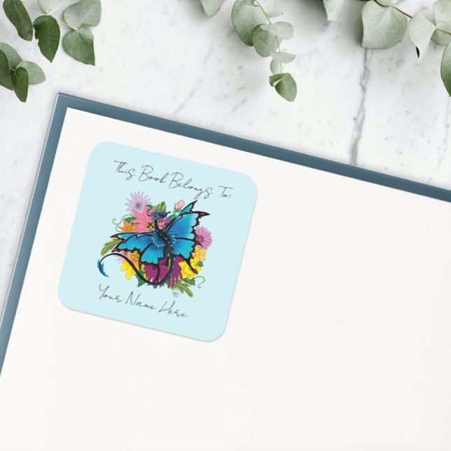 Blue Butterfly Winged Dragon Flowers Bookplate (Creator Uploaded)