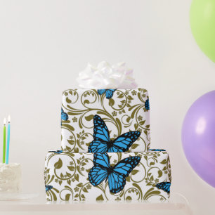Blue Butterfly with Golden Leaves  Wrapping Paper