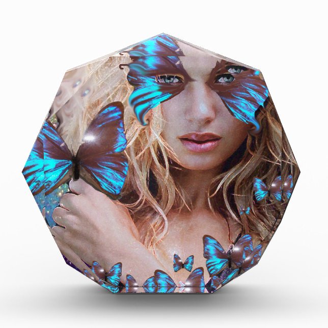 BLUE BUTTERFLY WITH GREEN GOLD SPARKLES ACRYLIC AWARD (Front)