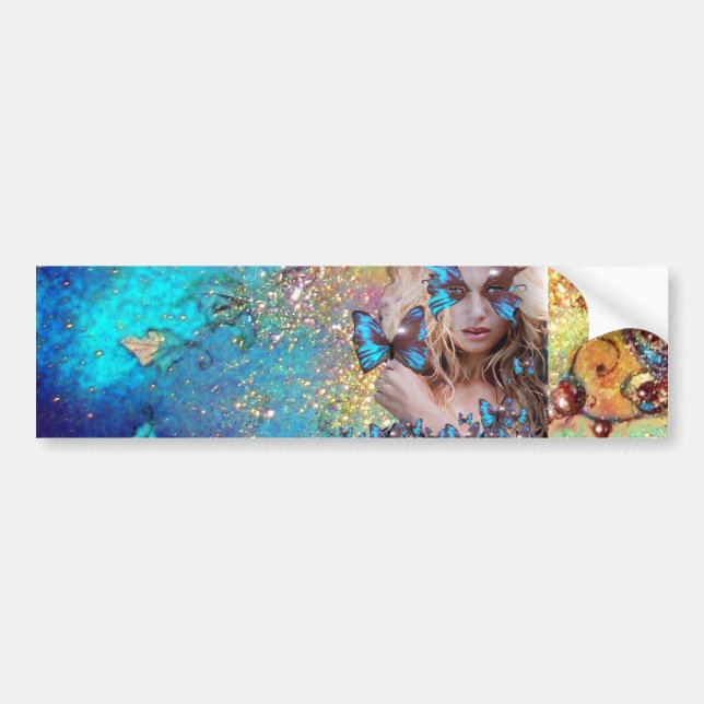 BLUE BUTTERFLY WITH GREEN GOLD SPARKLES BUMPER STICKER (Front)