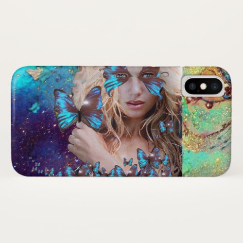 BLUE BUTTERFLY WITH GREEN GOLD SPARKLES iPhone X CASE