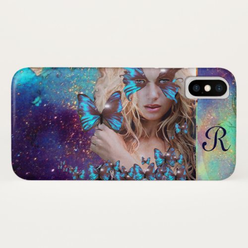 BLUE BUTTERFLY WITH GREEN GOLD SPARKLES iPhone X CASE