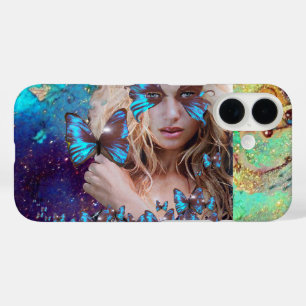 BLUE BUTTERFLY WITH GREEN GOLD SPARKLES iPhone 16 CASE
