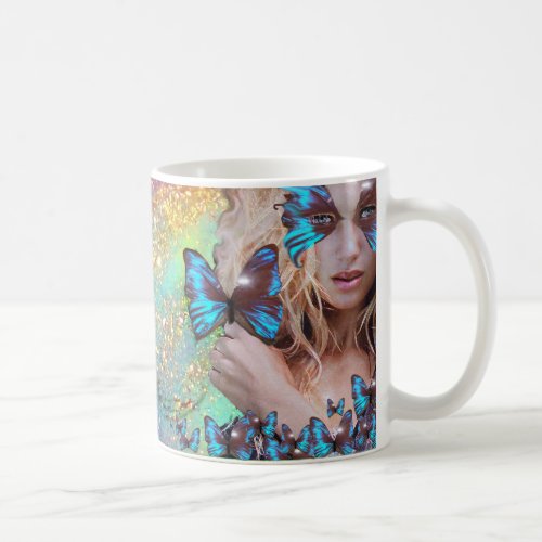 BLUE BUTTERFLY WITH GREEN GOLD SPARKLES COFFEE MUG