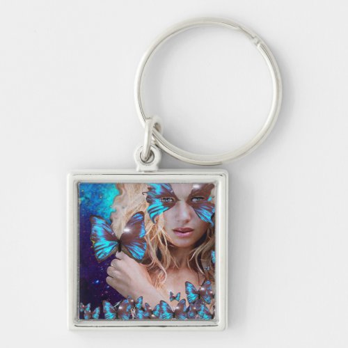 BLUE BUTTERFLY WITH GREEN GOLD SPARKLES KEYCHAIN