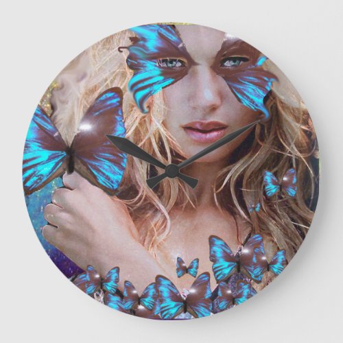 BLUE BUTTERFLY WITH GREEN GOLD SPARKLES LARGE CLOCK